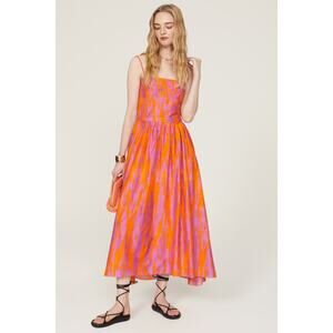 MARIA CHER Orange Pink Targatal Bustier Top Square Neck Midi Dress Size Medium